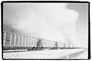 coal cars & cooling tower fog.